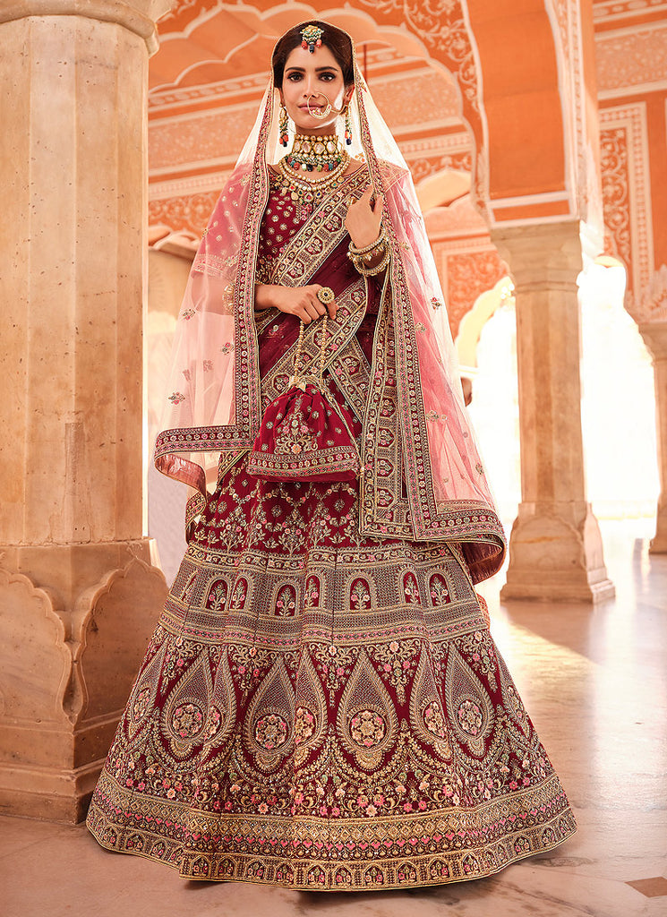 Red Traditional Embroidered Velvet Wedding Lehenga Choli
