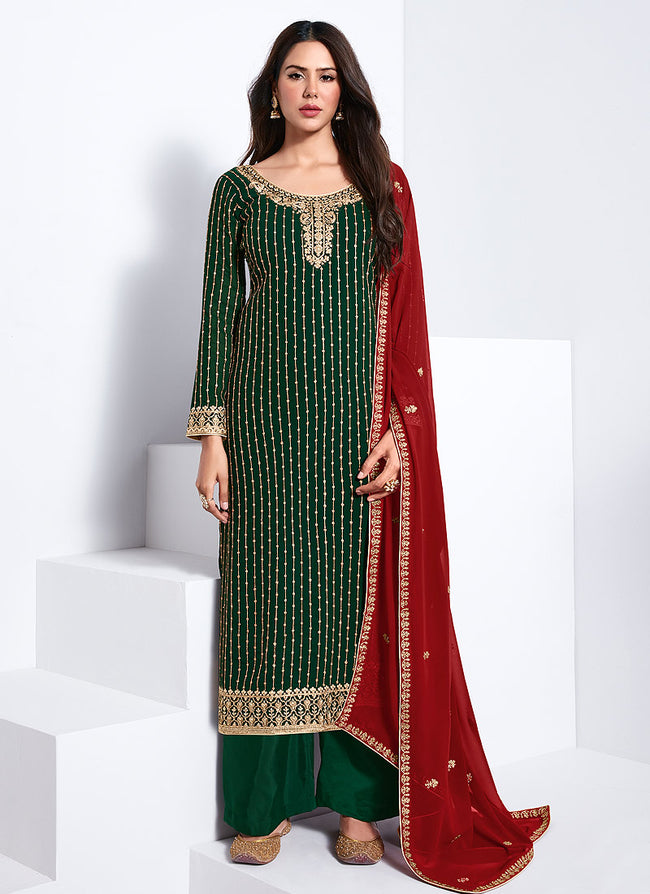 Green And Red Traditional Embroidered Salwar Kameez