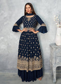 Blue Golden Embroidered Designer Palazzo Suit 