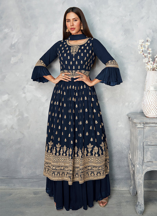 Blue Golden Embroidered Designer Palazzo Suit 
