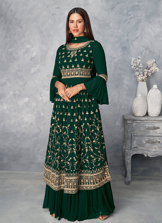 Green Golden Embroidered Designer Palazzo Suit 