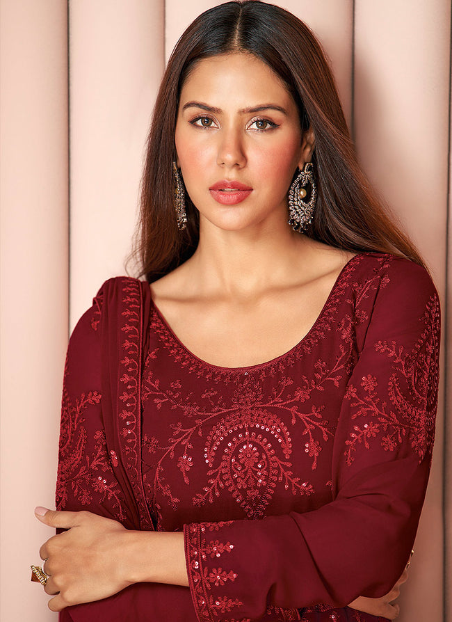 Maroon Embroidered Designer Sharara Suit In Germany