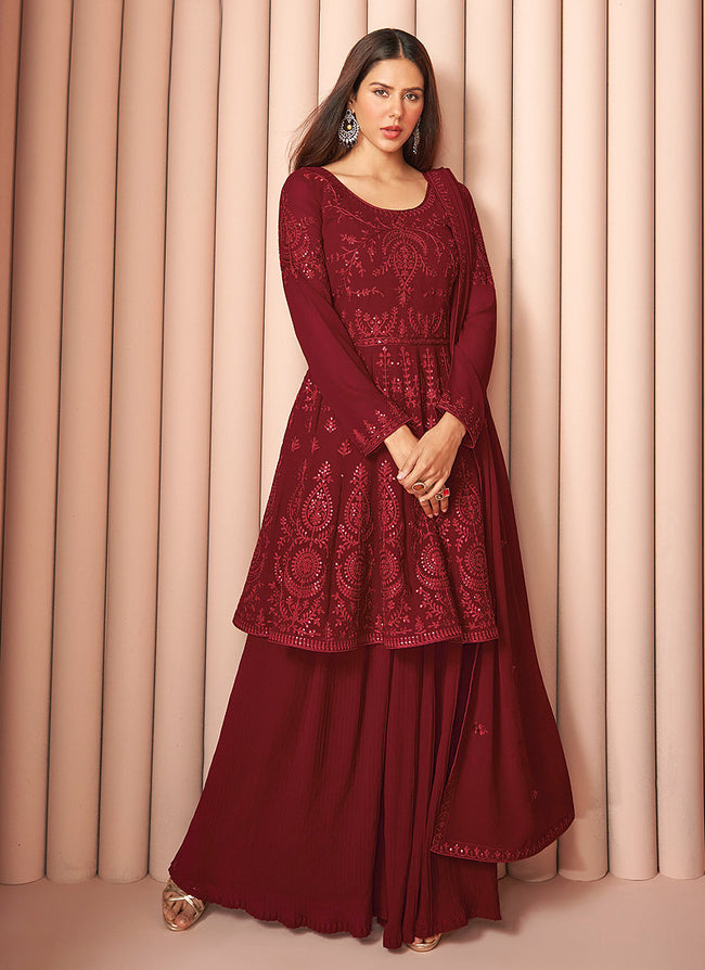 Maroon Sequence Embroidered Designer Sharara Suit