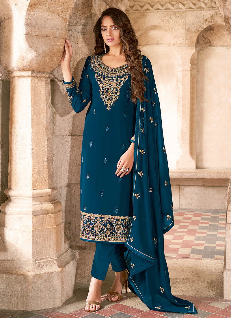 Salwar Suits : Blue georgette paper mirror salwar suit
