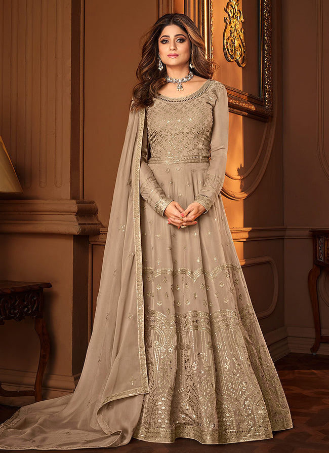 Light Brown Lucknowi Embroidered Anarkali Suit