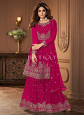 Hot Pink Golden Embroidered Designer Sharara Suit
