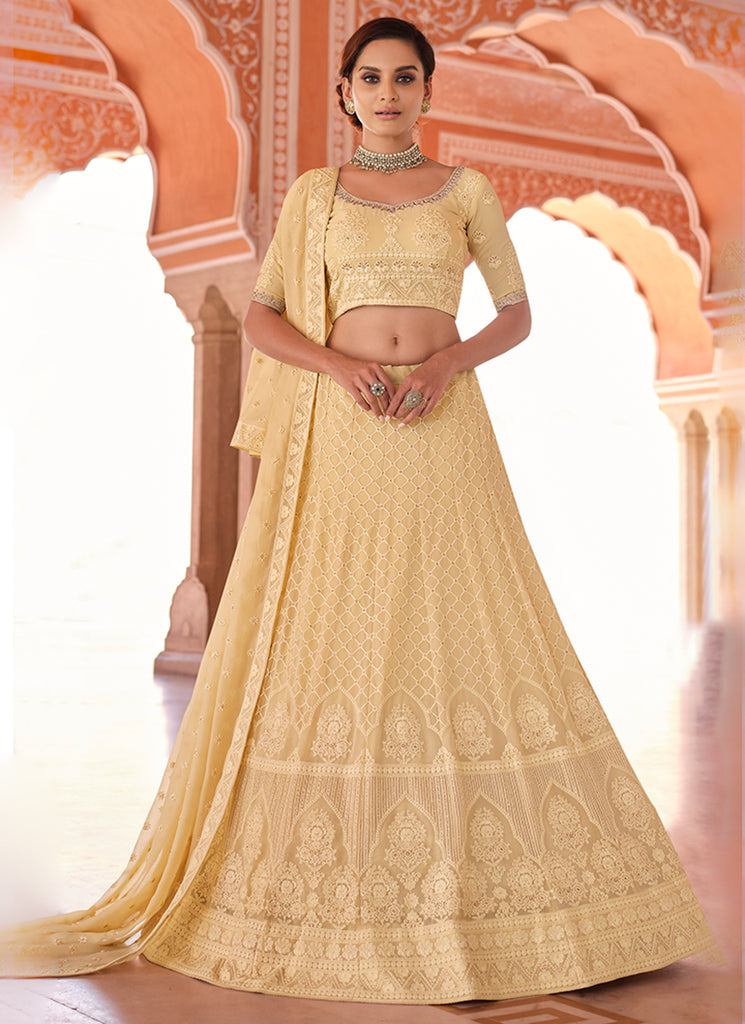 Pale Yellow Traditional Embroidered Lehenga Choli