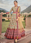 Teal And Maroon Multicoloured Printed Silk Designer Anarkali Gown