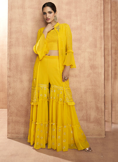 Yellow Embroidered Jacket Style palazzo Suit