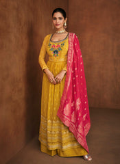 Yellow And Pink Embroidered Anarkali Style Palazzo Suit