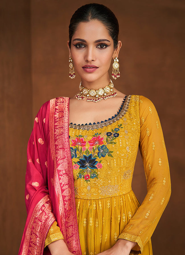 Buy Salmon Pink Mirror Work Sharara Suit Online in USA| Yellow Dupatta –  Pure Elegance