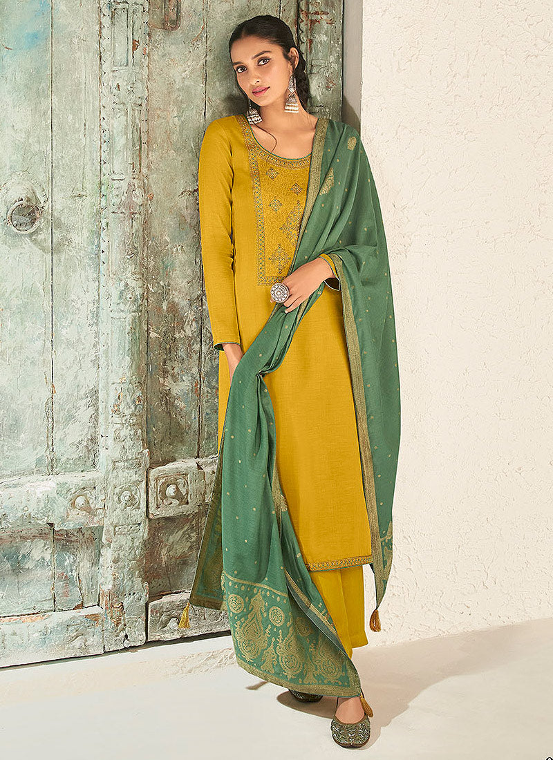 Yellow And Green Embellished Pant Suit