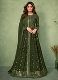 Olive Green Sequence Embroidered Slit Style Anarkali Lehenga Suit