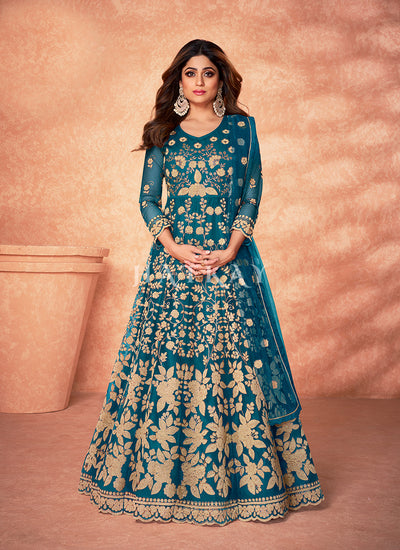 Turquoise Embroidered Net Anarkali Suit
