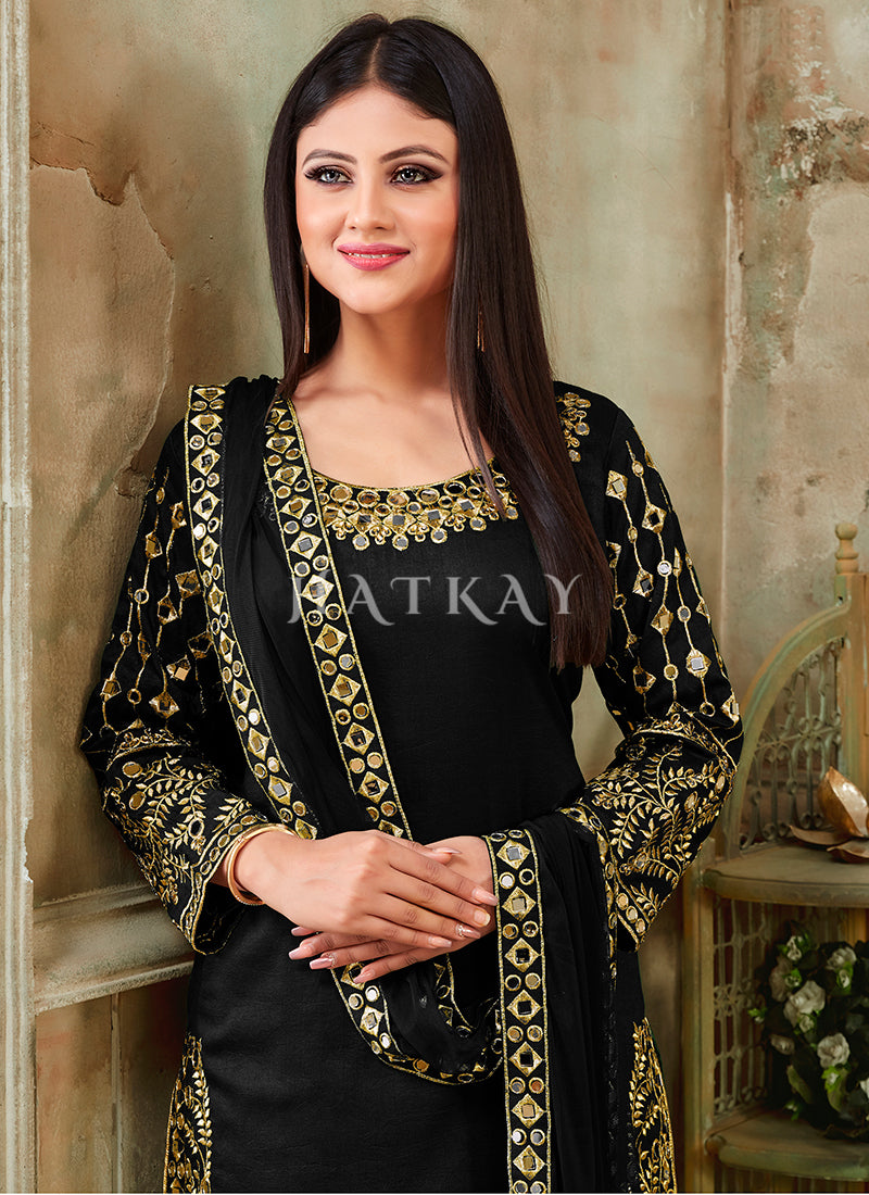 Buy Punjabi Suit - Black And Golden Mirror Work Embroidery Patiala Suit