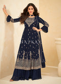 Dark Blue Thread Embroidered Pleated Palazzo Suit