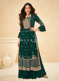 Dark Green Thread Embroidered Pleated Palazzo Suit
