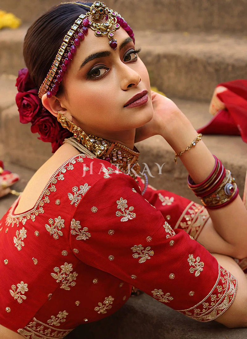 Traditional Navy Blue and Deep Red heavy bridal lehnega – Nameera by Farooq