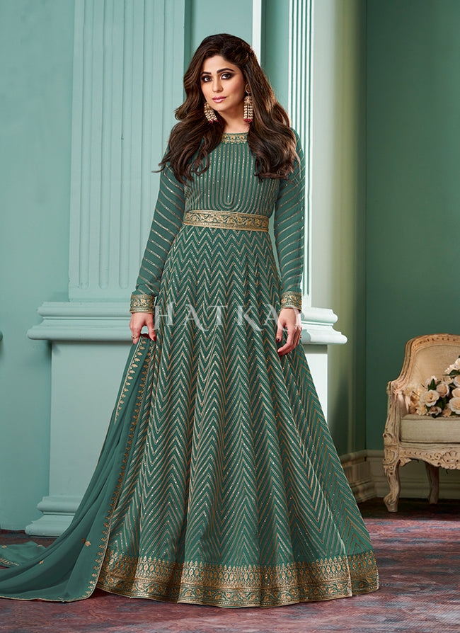 Indian Bollywood Anarkali Long Gown With Bottom And Dupatta Heavy Embr