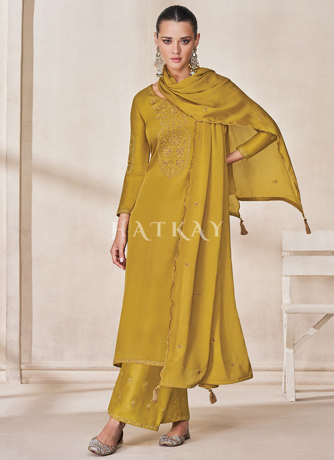 Yellow Embroidery Traditional Silk Salwar Kameez