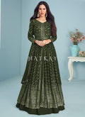 Buy Anarkali Suit In Virginia | Olive Green Embroidered Slit Style Designer Anarkali Lehenga