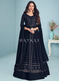 Buy Anarkali Suit In Georgia | Navy Blue Embroidered Slit Style Designer Anarkali Lehenga