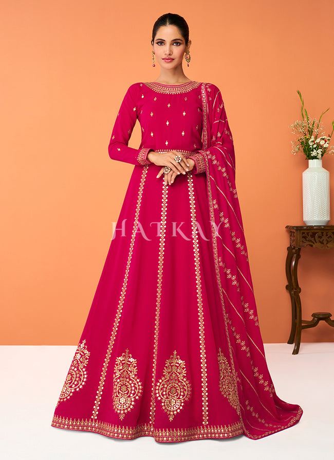 Hot Pink Embroidered Georgette Designer Anarkali Suit