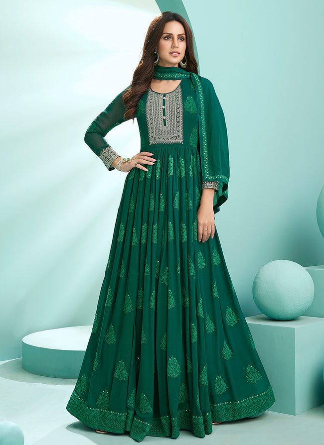 Green Lucknowi Zari Embroidered Designer Anarkali Suit