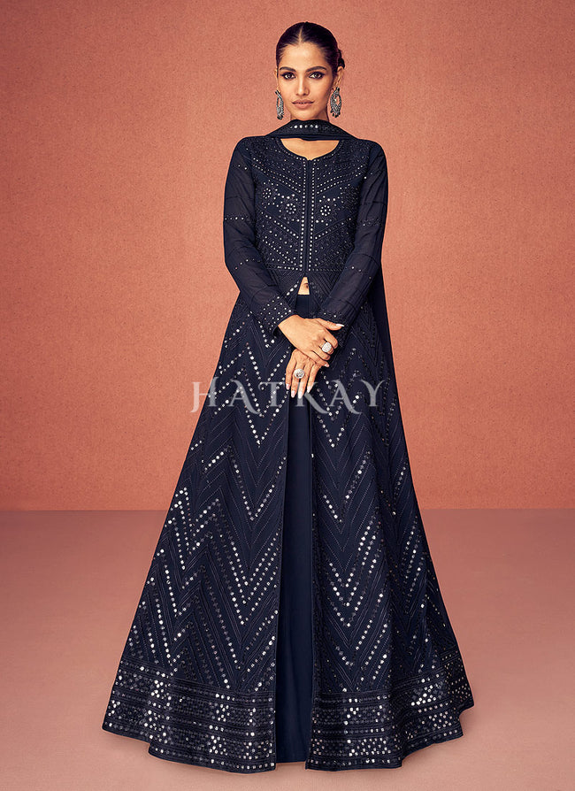 Navy Blue Sequence Embroidered Anarkali Lehenga