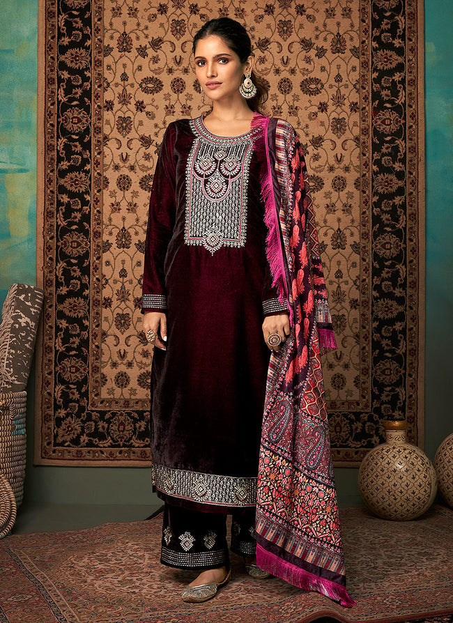 Wine And Pink Velvet Pakistani Suit
