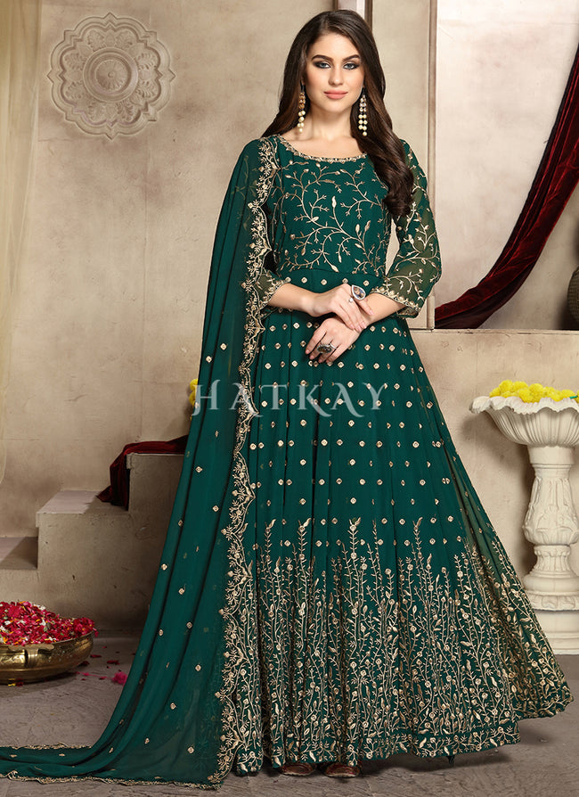 Dark Green Slit Style Heavy Designer Embroidered Anarkali Palazzo/Pant Suit  - Indian Heavy Anarkali Lehenga Gowns Sharara Sarees Pakistani Dresses in  USA/UK/Canada/UAE - IndiaBoulevard
