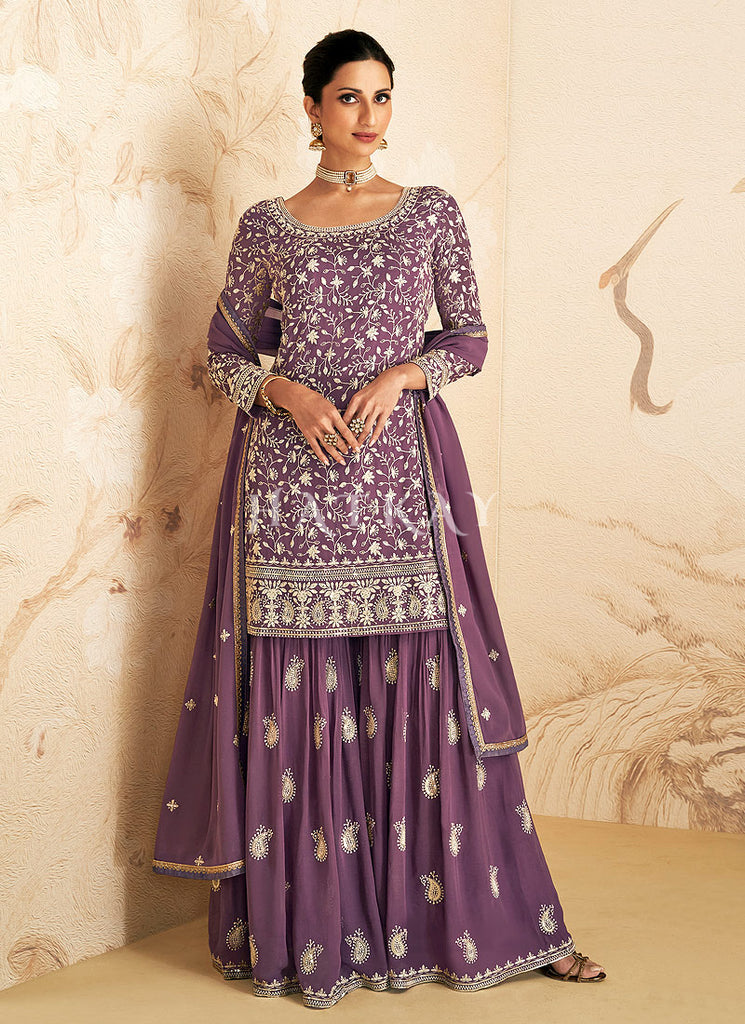 Purple Designer Embroidery Gharara Suit