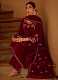 Buy Salwar Kameez | Deep Red Embroidered Velvet Pant Suit At Hatkay
