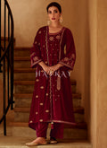 Deep Red Embroidered Velvet Pant Suit