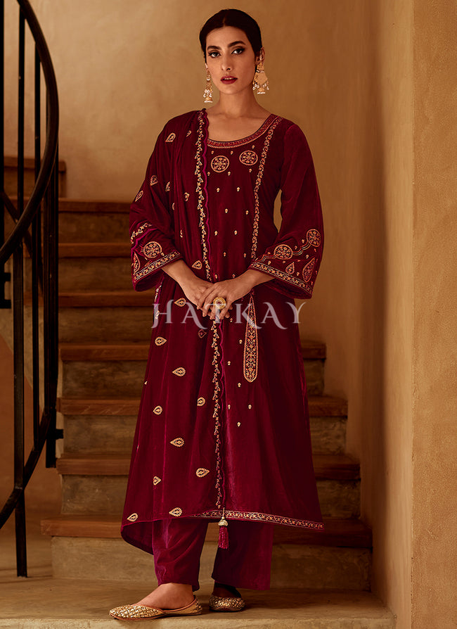 Deep Red Embroidered Velvet Pant Suit