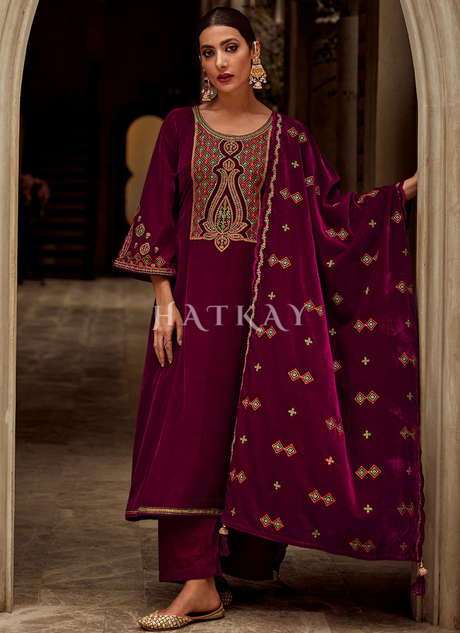 Magenta Maroon Embroidered Velvet Pant Suit