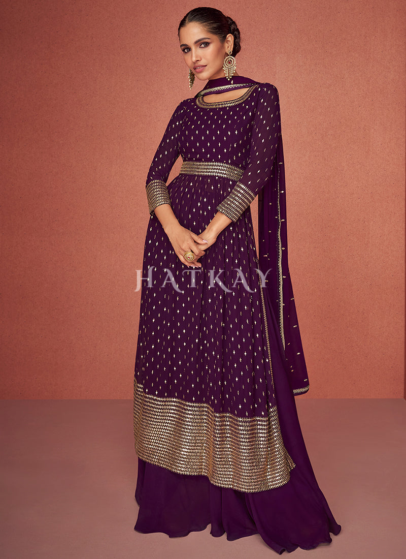 Purple Sequence Embroidery Gharara Suit