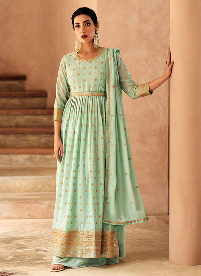 Buy Anarkali Suit - Green Sequence Embroidery Wedding Anarkali Palazzo Suit