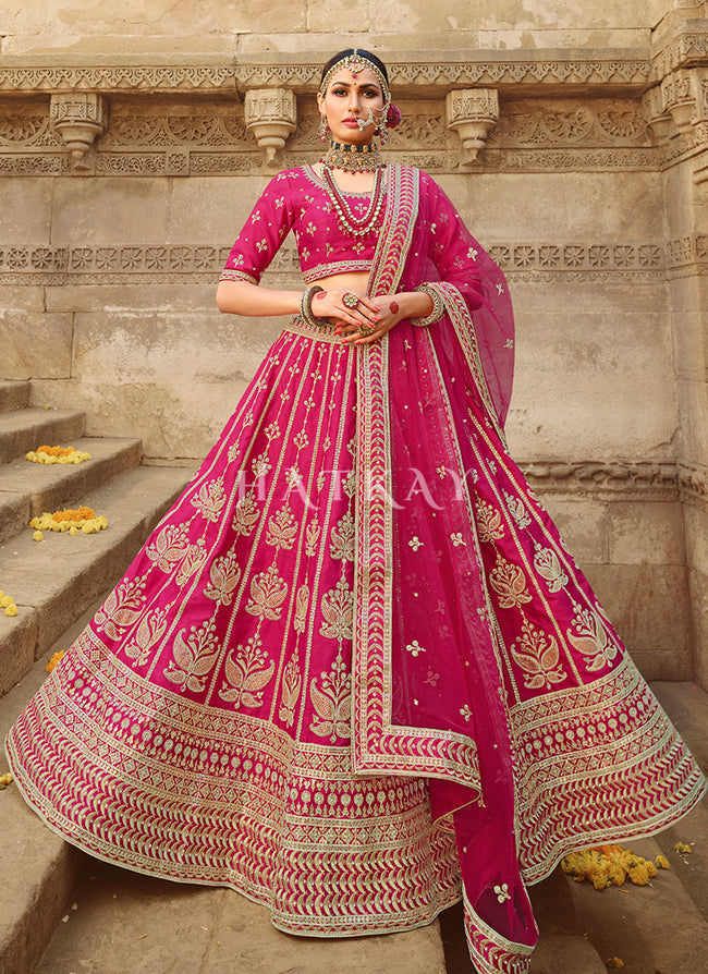 Deep Pink Zari Embroidered Bridal Lehenga Choli