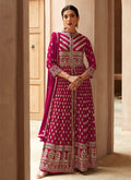 Buy Pant Suit - Hot Pink Georgette Embroidered Traditional Slit Style Pant Suit
