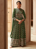 Buy Pant Suit - Olive Green Georgette Embroidered Traditional Slit Style Pant Suit
