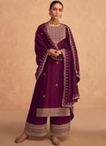 Deep Wine Embroidery Silk Festive Palazzo Suit