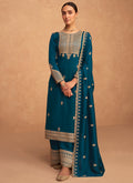 Turquoise Embroidery Silk Festive Palazzo Suit