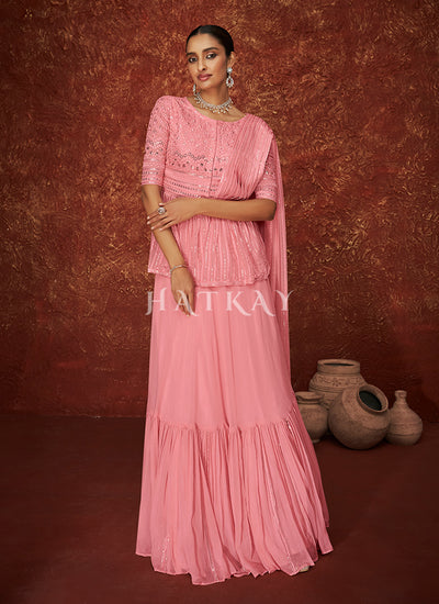 Pink Sequence Embroidered Jacket Style Lehenga Suit