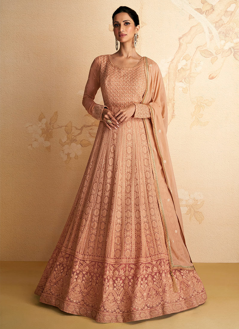 Elegant Chestnut Peach Anarkali Gown With Sequins For Engagement  #DesignersAndYou #Dress #Suit #FloorLength … | Western dresses for girl,  Net gowns, Anarkali frock