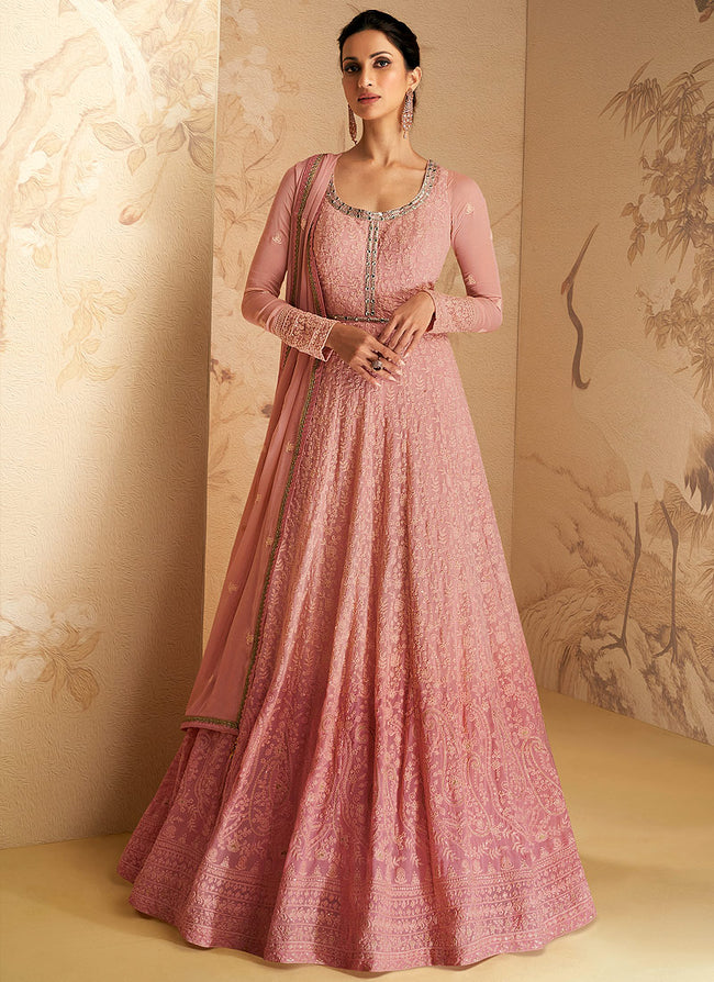 Blush Pink Ombré Embroidered Festive Anarkali Suit