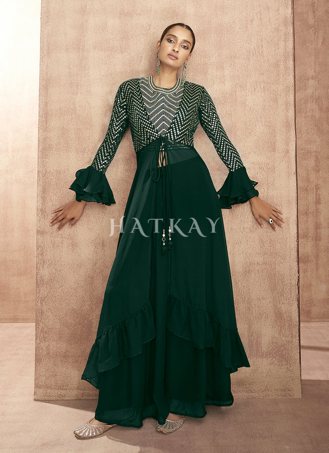 Dark Green Sequence Embroidered Palazzo Suit And Jacket In USA In USA UK Canada