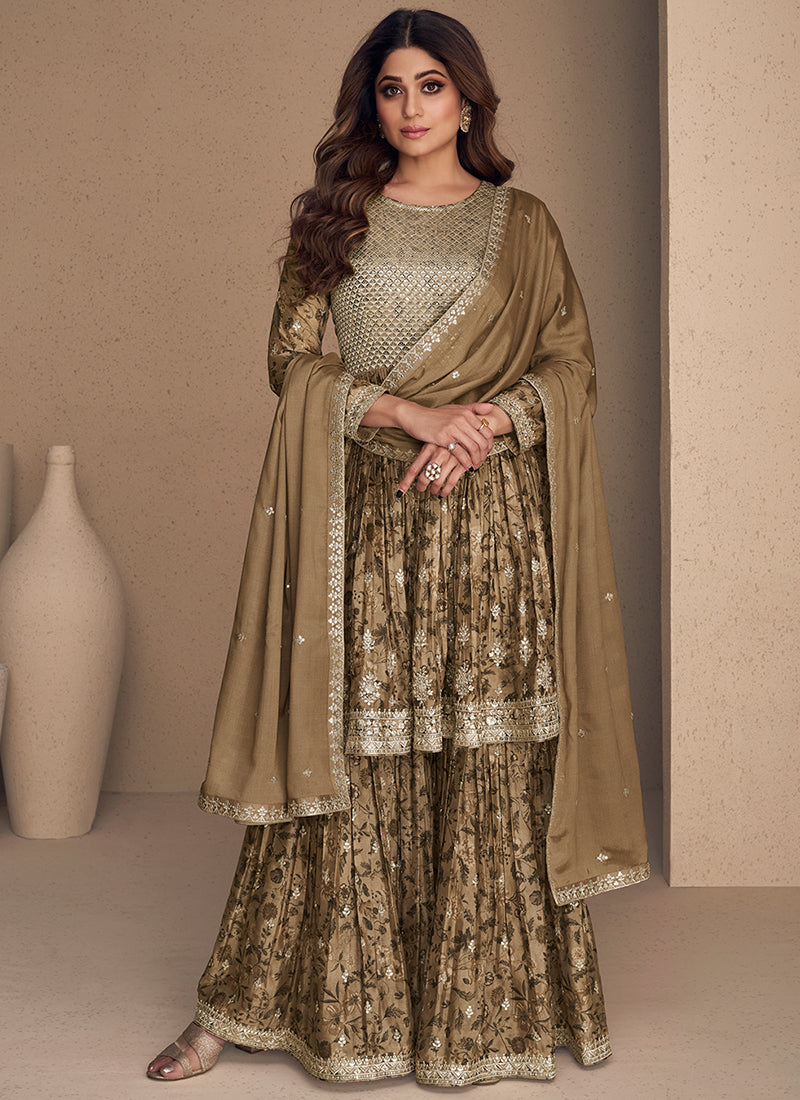 Beige Golden Sequence Embroidery Gharara Style Suit