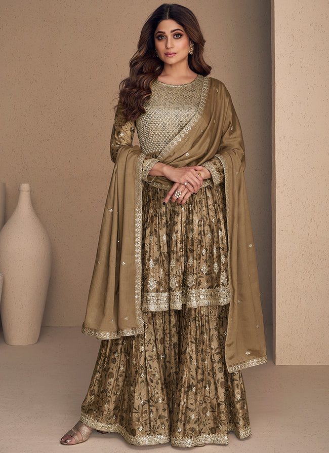 Beige Golden Sequence Embroidery Gharara Style Suit