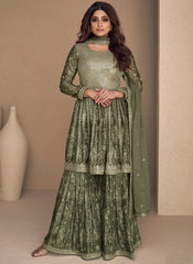 Pista Green Sequence Embroidery Gharara Style Suit